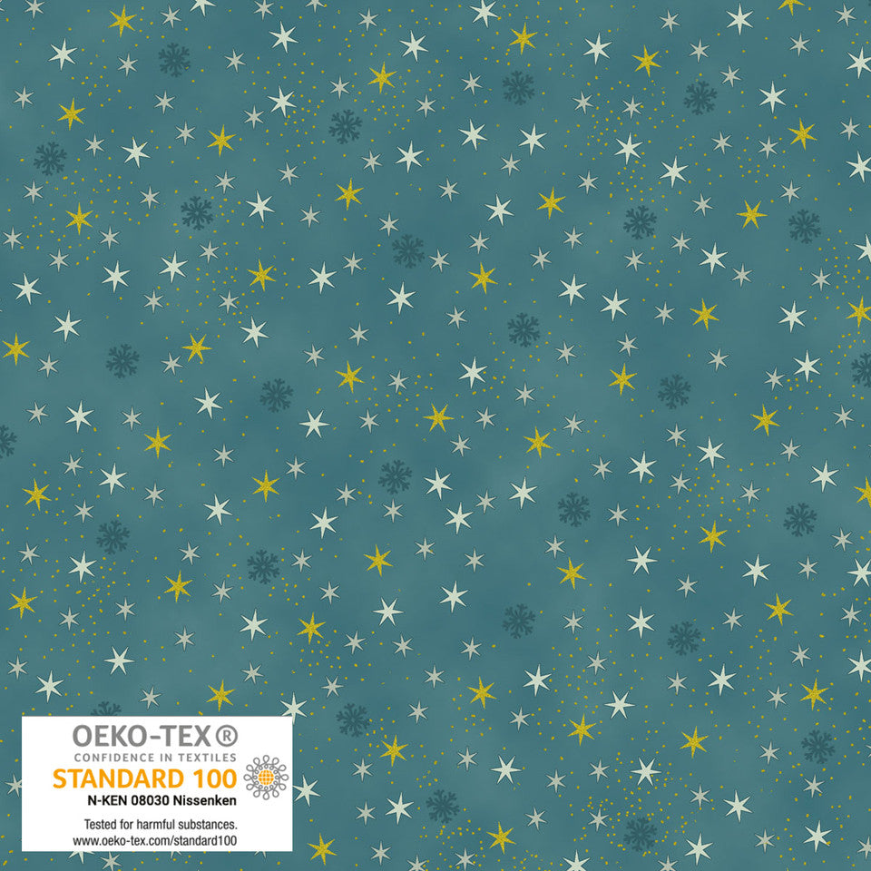 Christmas Star Teal Gold by STOF Gold Metallic Fabric Sold by the Half Yard