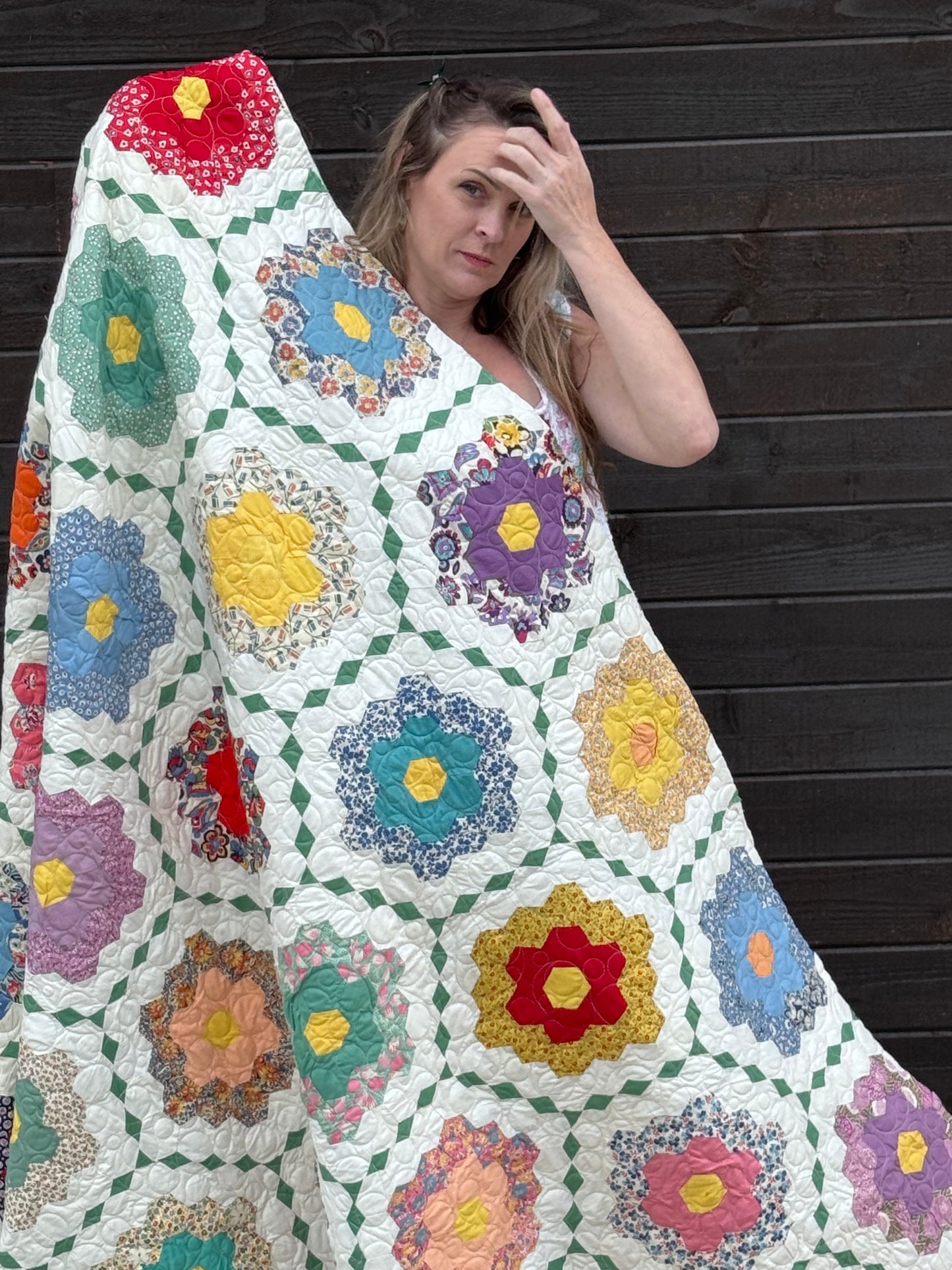 Hand Pieced Hexagon Flower Quilt Large White