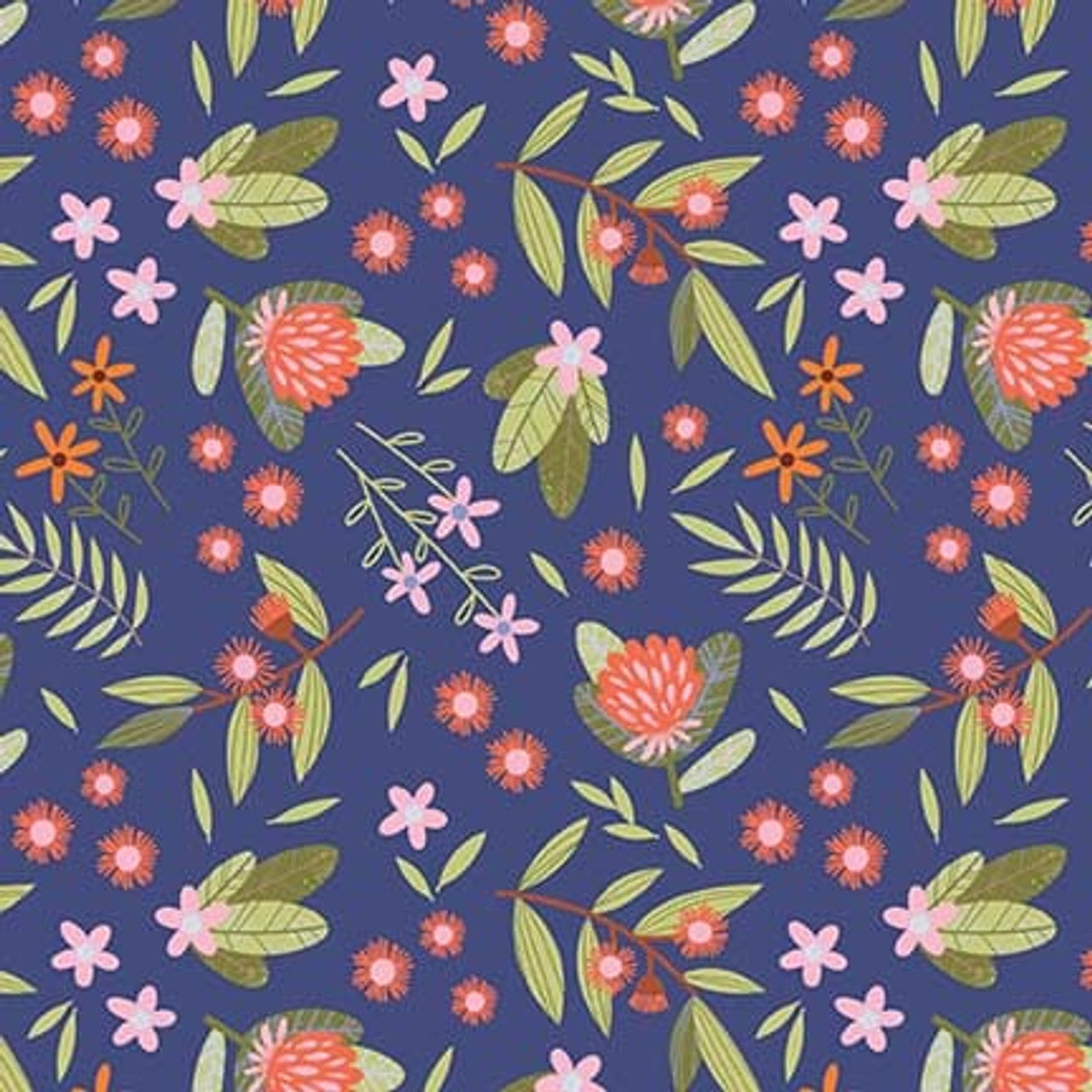 8093-77 DARK BLUE EUCALAYPTUS AND WARATAHS AUSSIE OZ-BORN Studio E Fabric