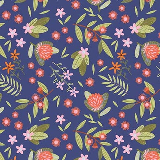 8093-77 DARK BLUE EUCALAYPTUS AND WARATAHS AUSSIE OZ-BORN Studio E Fabric