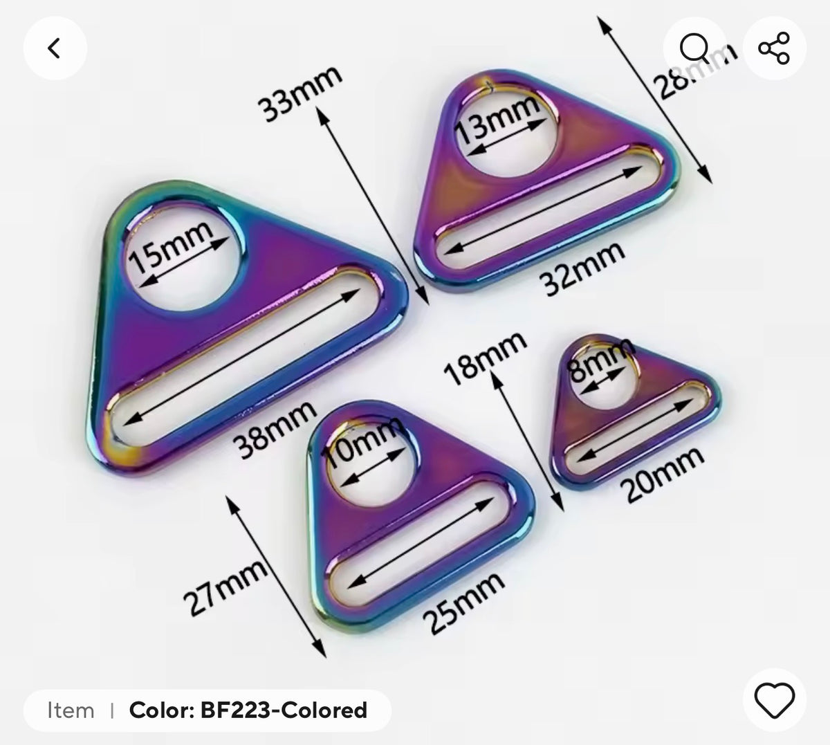Rainbow Metal Triangle Ring 38mm (1.5 in) Bag Hardware