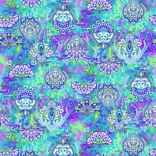 8106-17 Studio E Hummingbird Messenger Mandala Flowers Light Blue Fabric