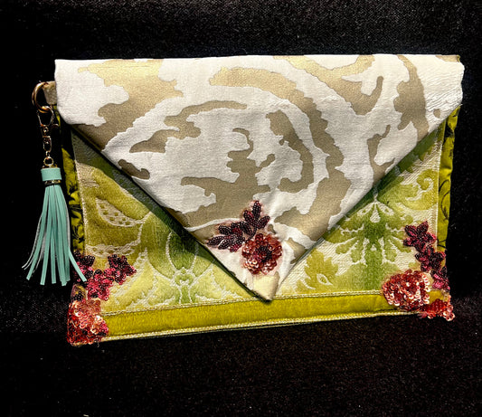 Envelope Purse GILDED GREEN Brocade Clutch with Metallic Velvet and Sequin Appliqué