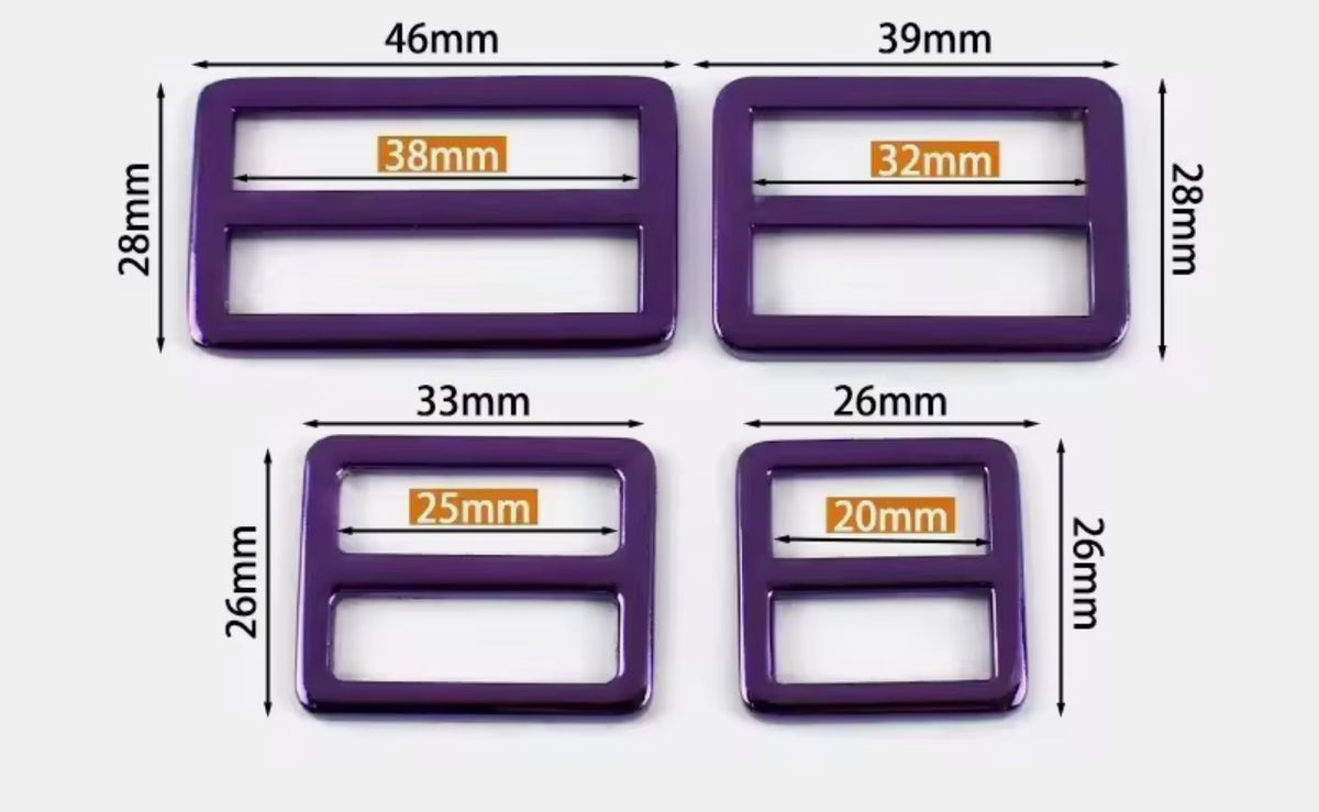 Metal triglide slide buckle size chart, purple