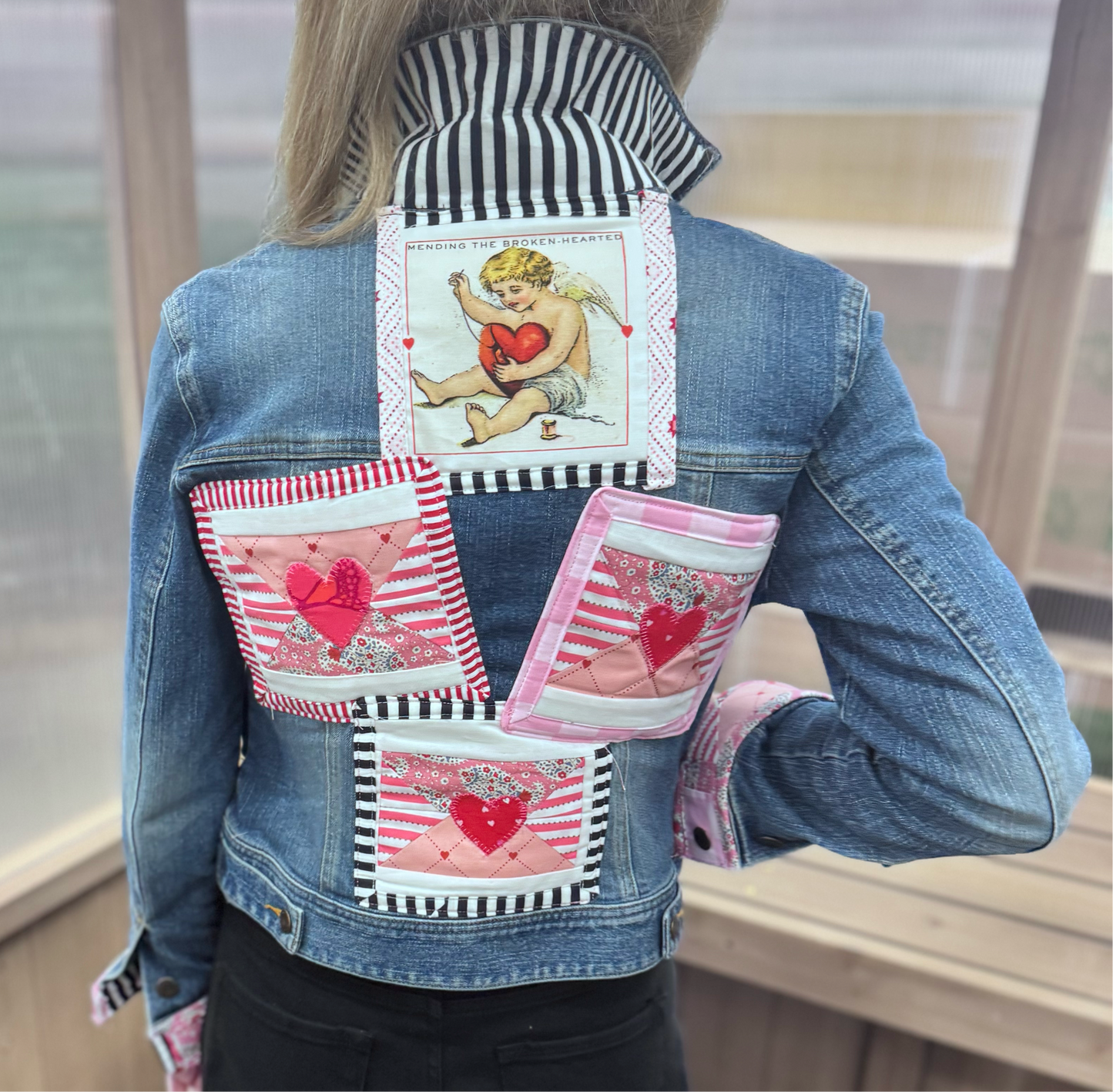 VALENTINE LOVE NOTES Appliqué Quilted Denim Jacket