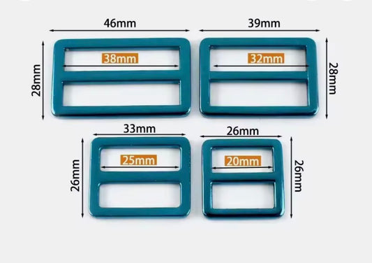 Metal triglide slide buckle size chart, blue