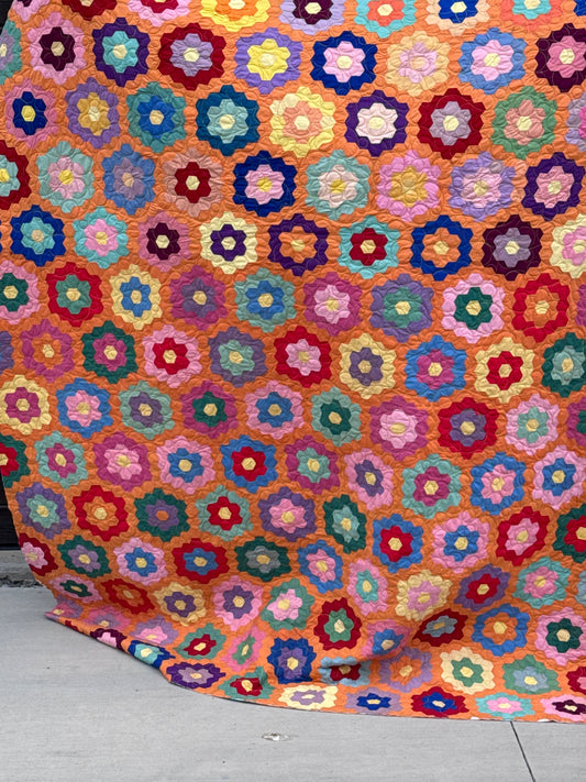Hand Pieced Hexagon Flower Quilt Orange Large