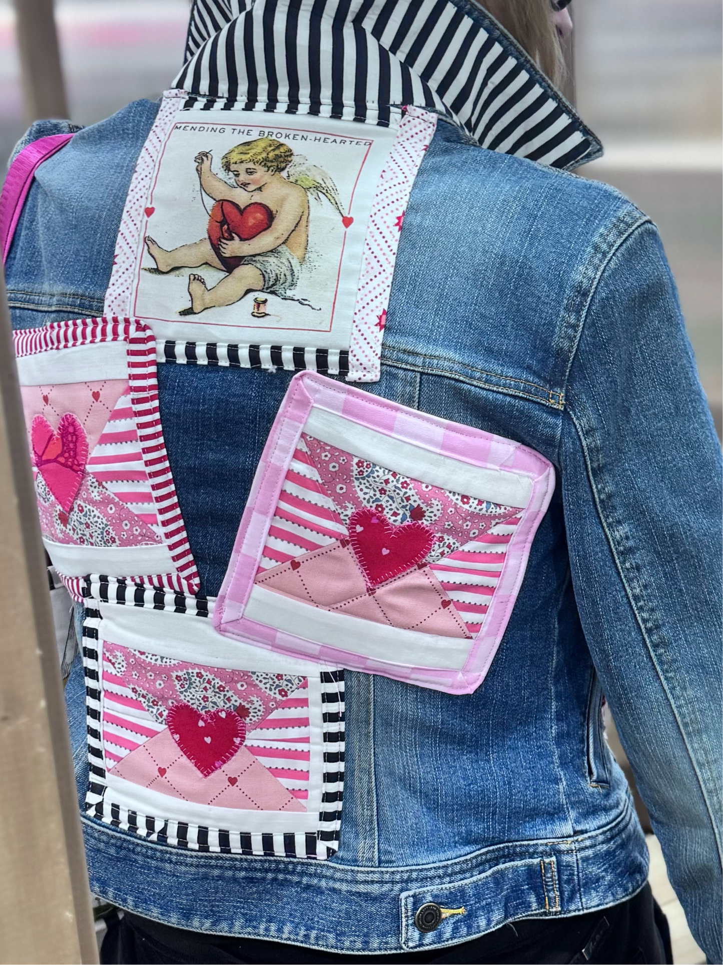 VALENTINE LOVE NOTES Appliqué Quilted Denim Jacket