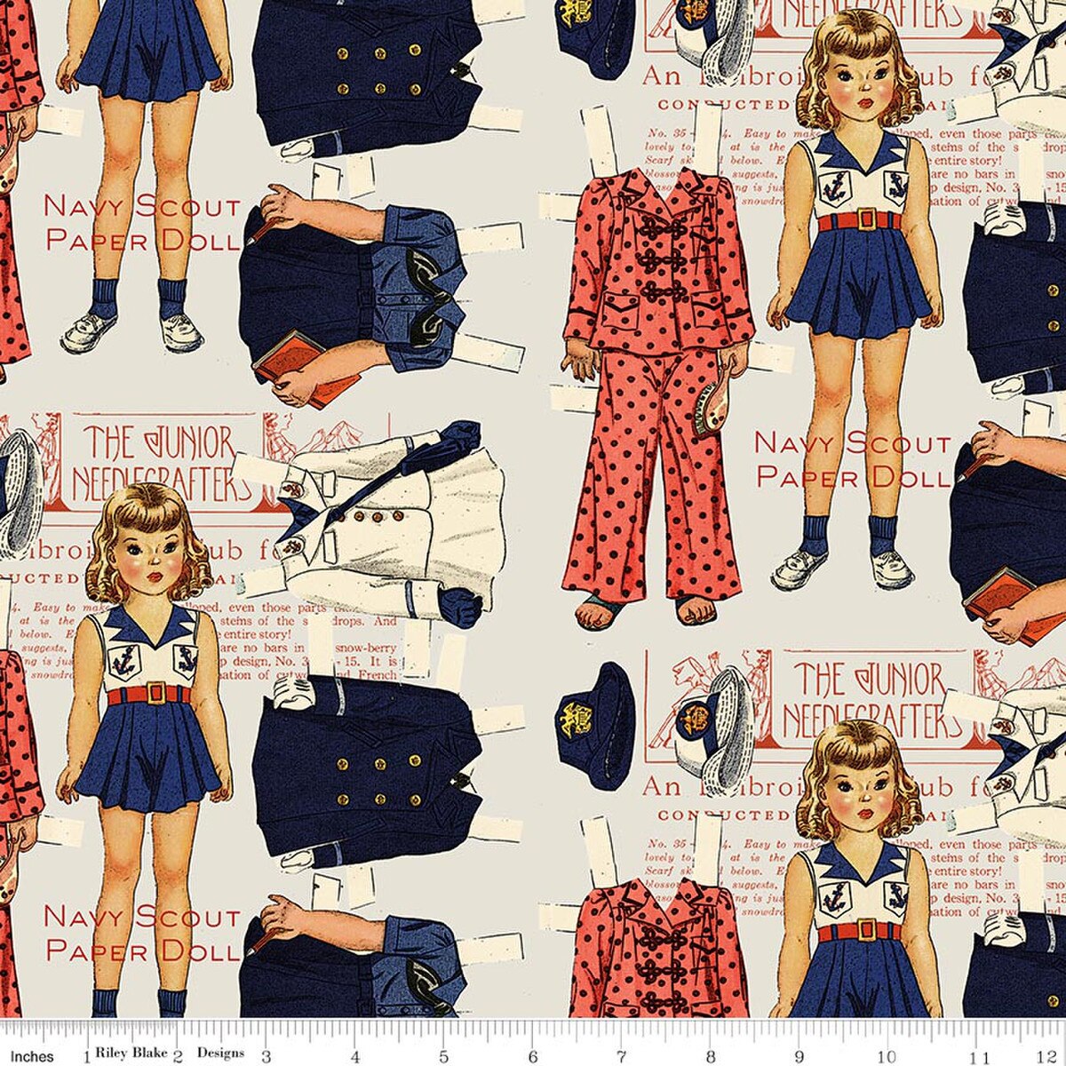 Sew America Navy Scout Paper Doll Gray by J. Wecker Frisch for Riley Blake CD17344-GRAY Sold by the Half Yard