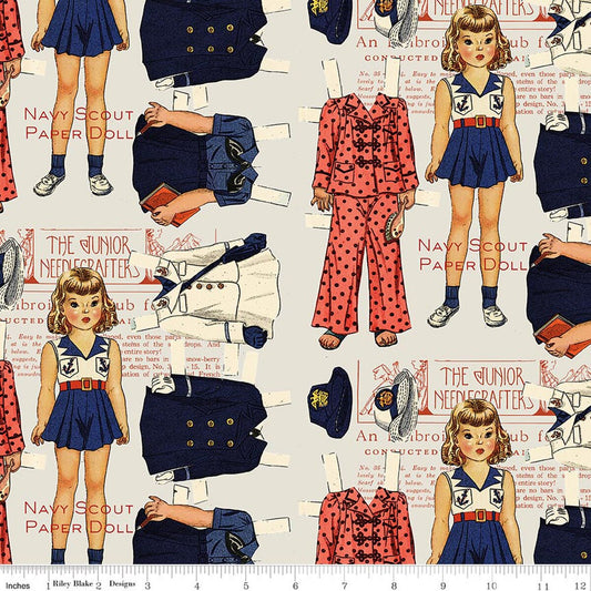Sew America Navy Scout Paper Doll Gray by J. Wecker Frisch for Riley Blake CD17344-GRAY Sold by the Half Yard