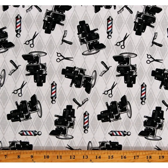3107-01 HIPSTER BARBER CHAIRS Blank Quilting Fabric Sold by the Half Yard