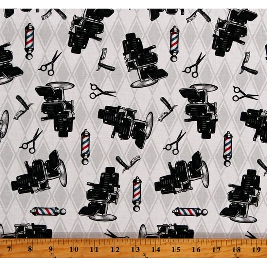 3107-01 HIPSTER BARBER CHAIRS Blank Quilting Fabric Sold by the Half Yard