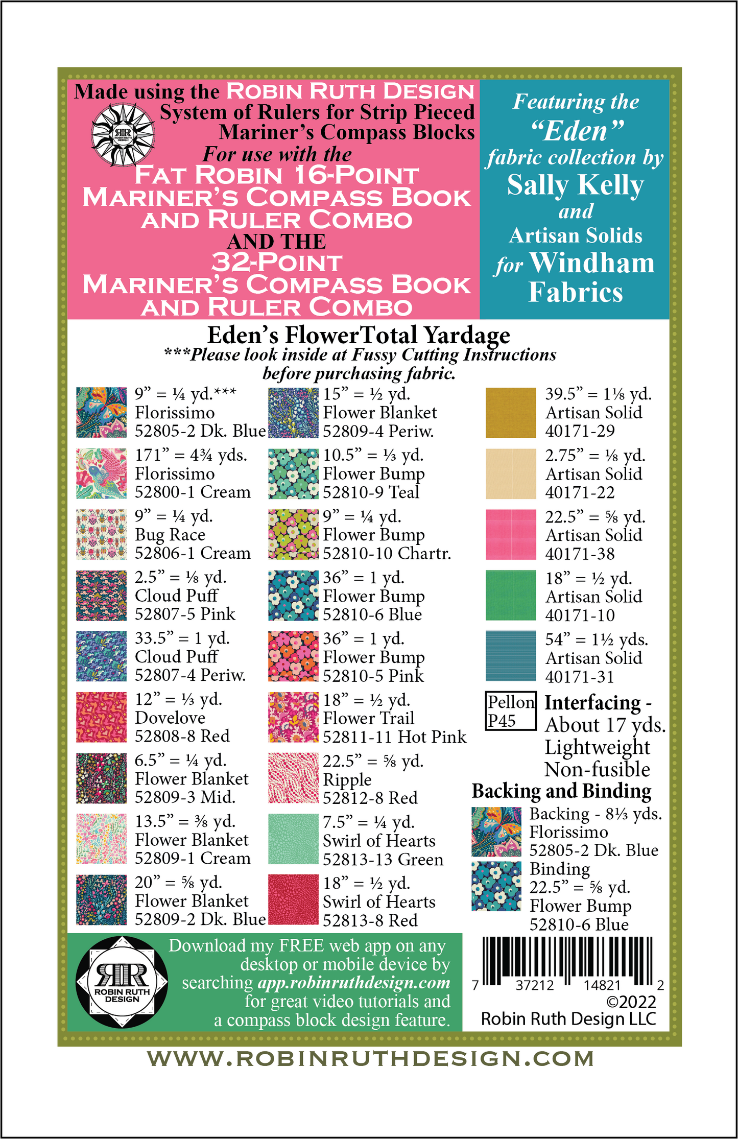 RR221 Eden's Flower Fat Robin and 32 Point Compass Quilt Pattern