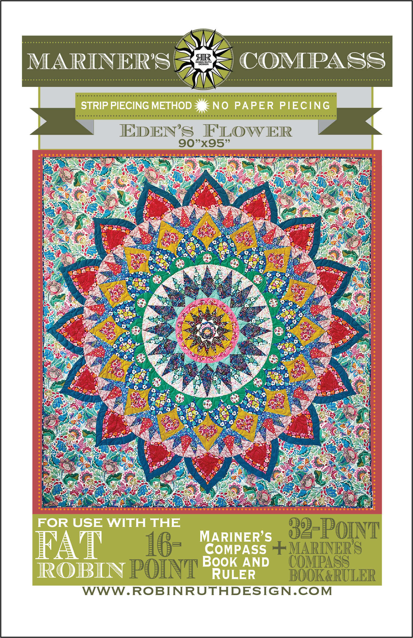 RR221 Eden's Flower Fat Robin and 32 Point Compass Quilt Pattern