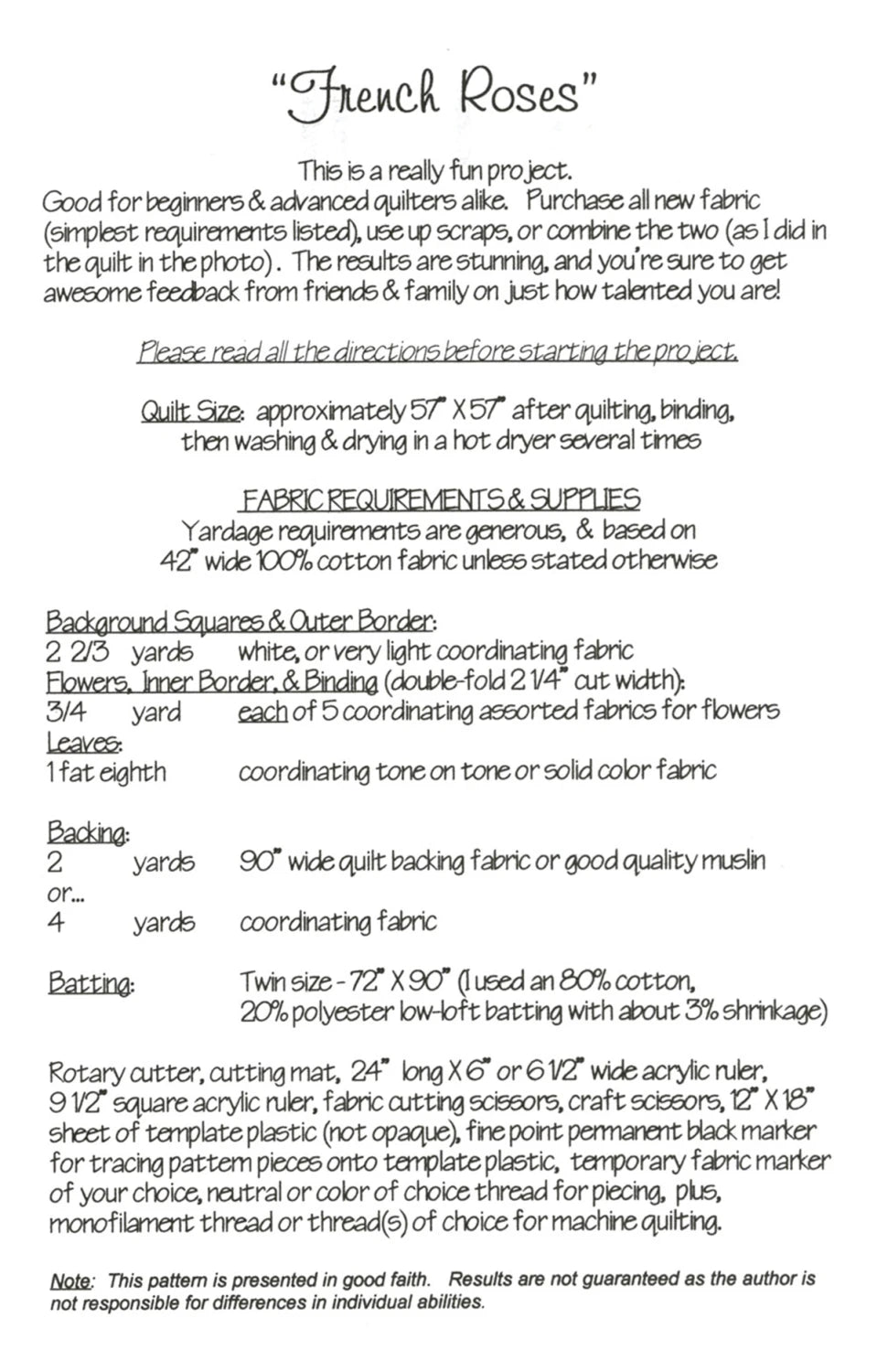 French Roses Quilt Pattern by Heather French #FR001