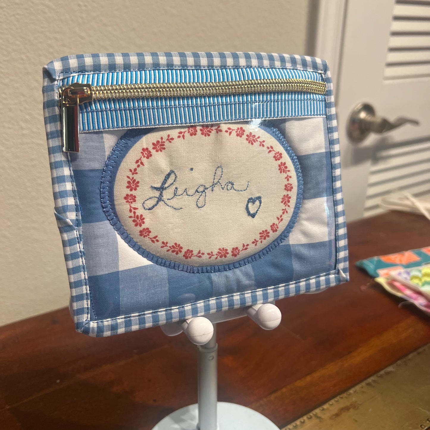 Custom Name Card Wallet Zipper Pouch Gingham Something Blue