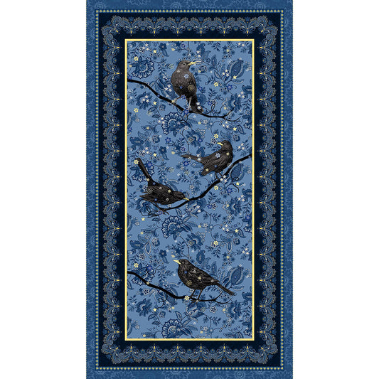 3209p-77 Black Birds Calling Panel Navy by Henry Glass