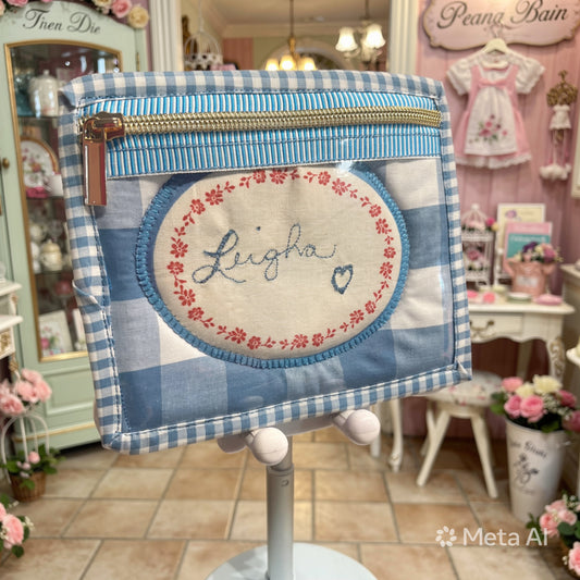 Custom Name Card Wallet Zipper Pouch Gingham Something Blue
