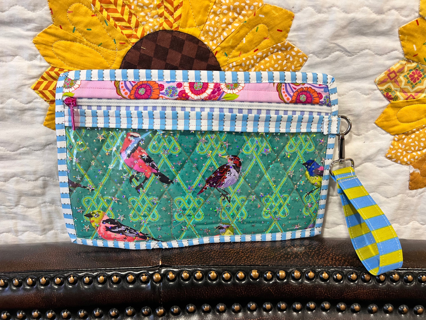 Tula Pink strawberry finch wristlet project bag ￼