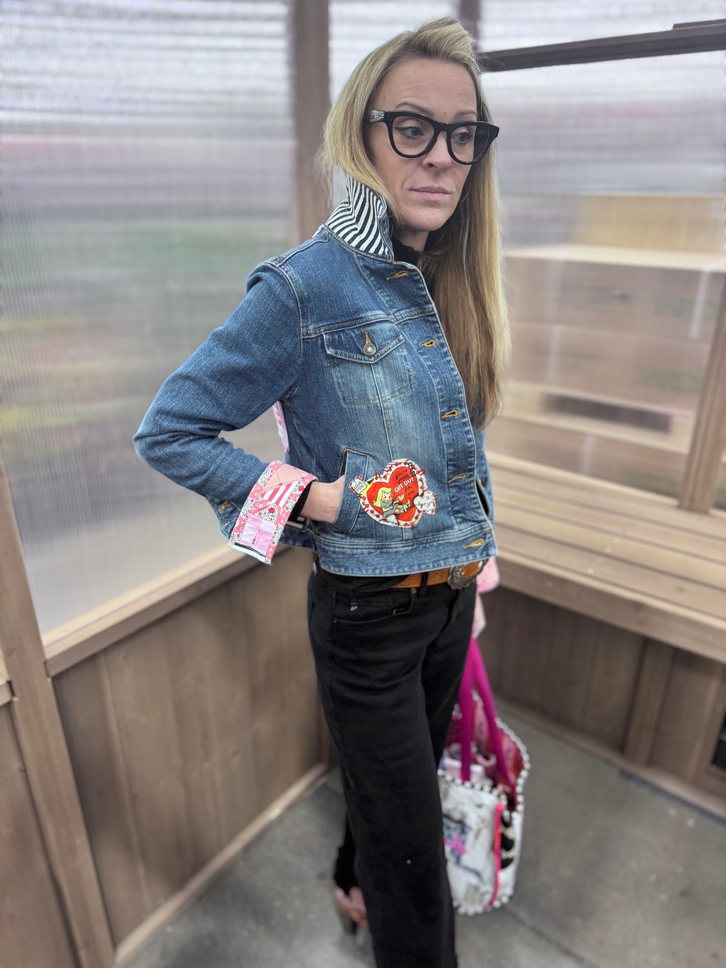 VALENTINE LOVE NOTES Appliqué Quilted Denim Jacket