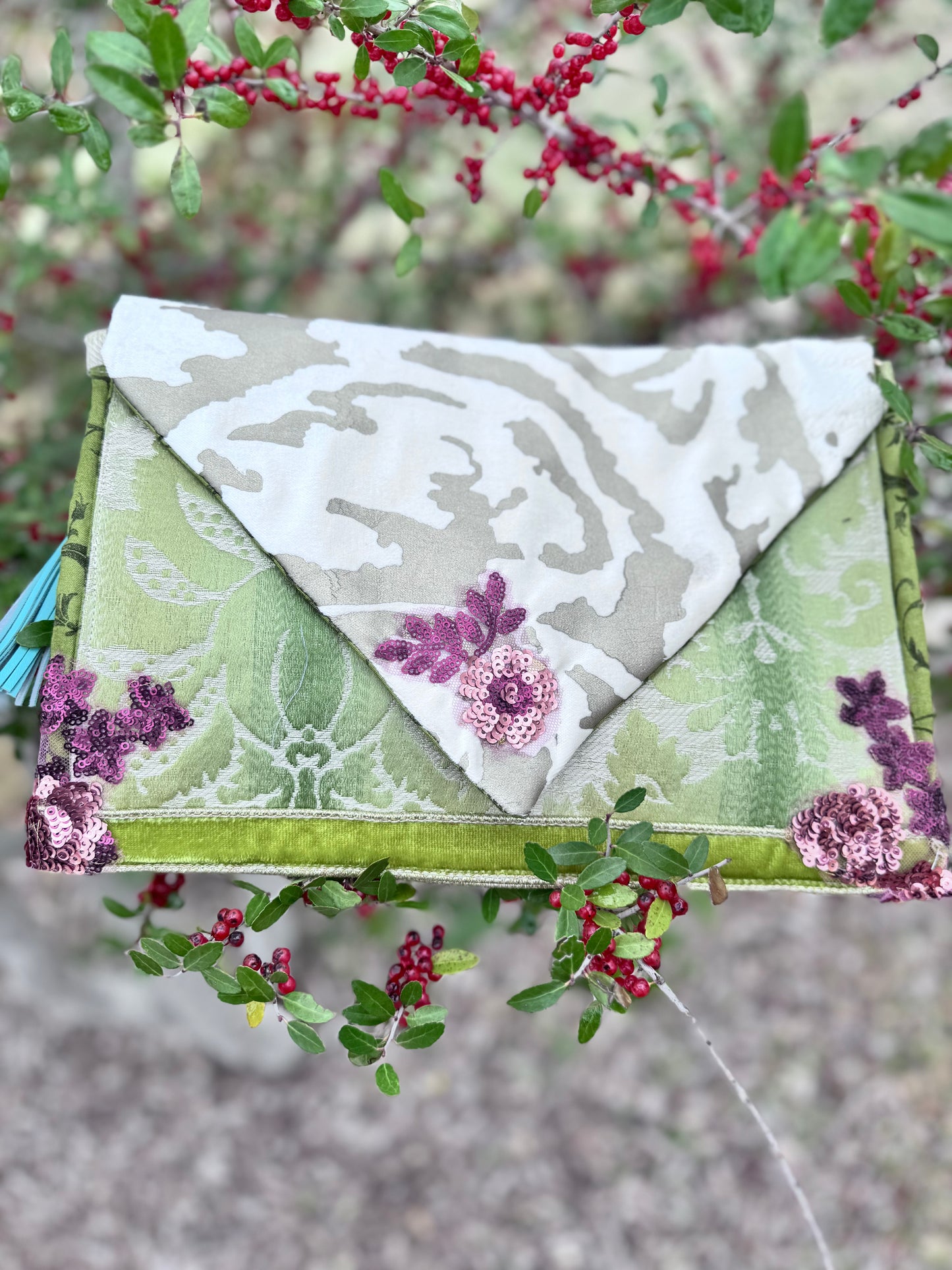 Envelope Purse GILDED GREEN Brocade Clutch with Metallic Velvet and Sequin Appliqué
