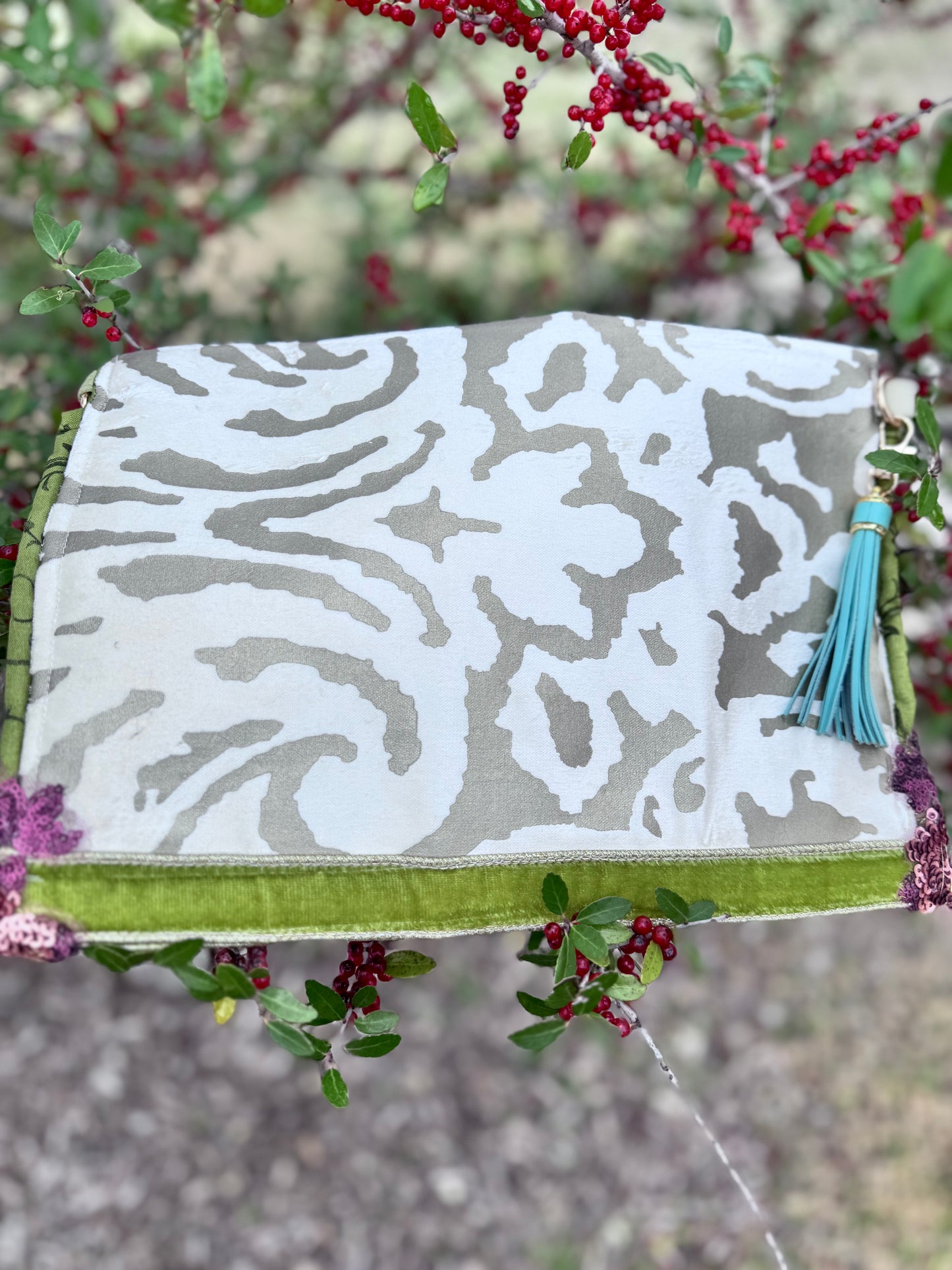 Envelope Purse GILDED GREEN Brocade Clutch with Metallic Velvet and Sequin Appliqué