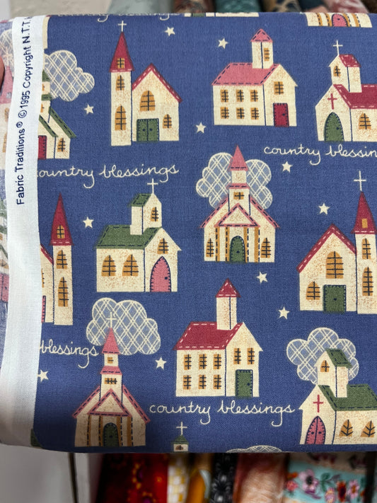 FABRIC TRADITIONS Vintage Old New Stock Churches Steeples Novelty Print Fabric Cotton sold by the Half Yard