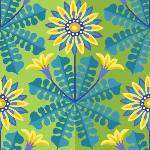 Gazania TURQUOISE Flower Dance by Jane Sassaman Fabric Sold by the Half Yard
