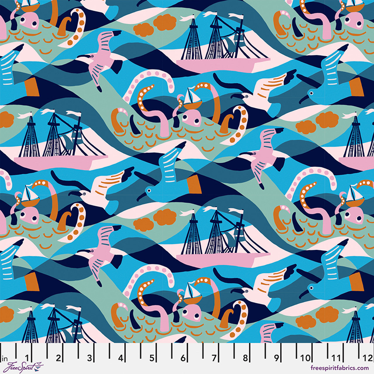 Waves Blue Rising Tide by Monika Forsberg Fabric Sold by the Half Yard