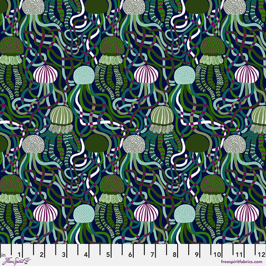Abyss Green Rising Tide by Monika Forsberg Fabric Sold by the Half Yard