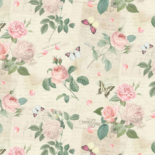 Jardin Roses & Butterflies on Postcards Quilting Cotton Fabric- Cream