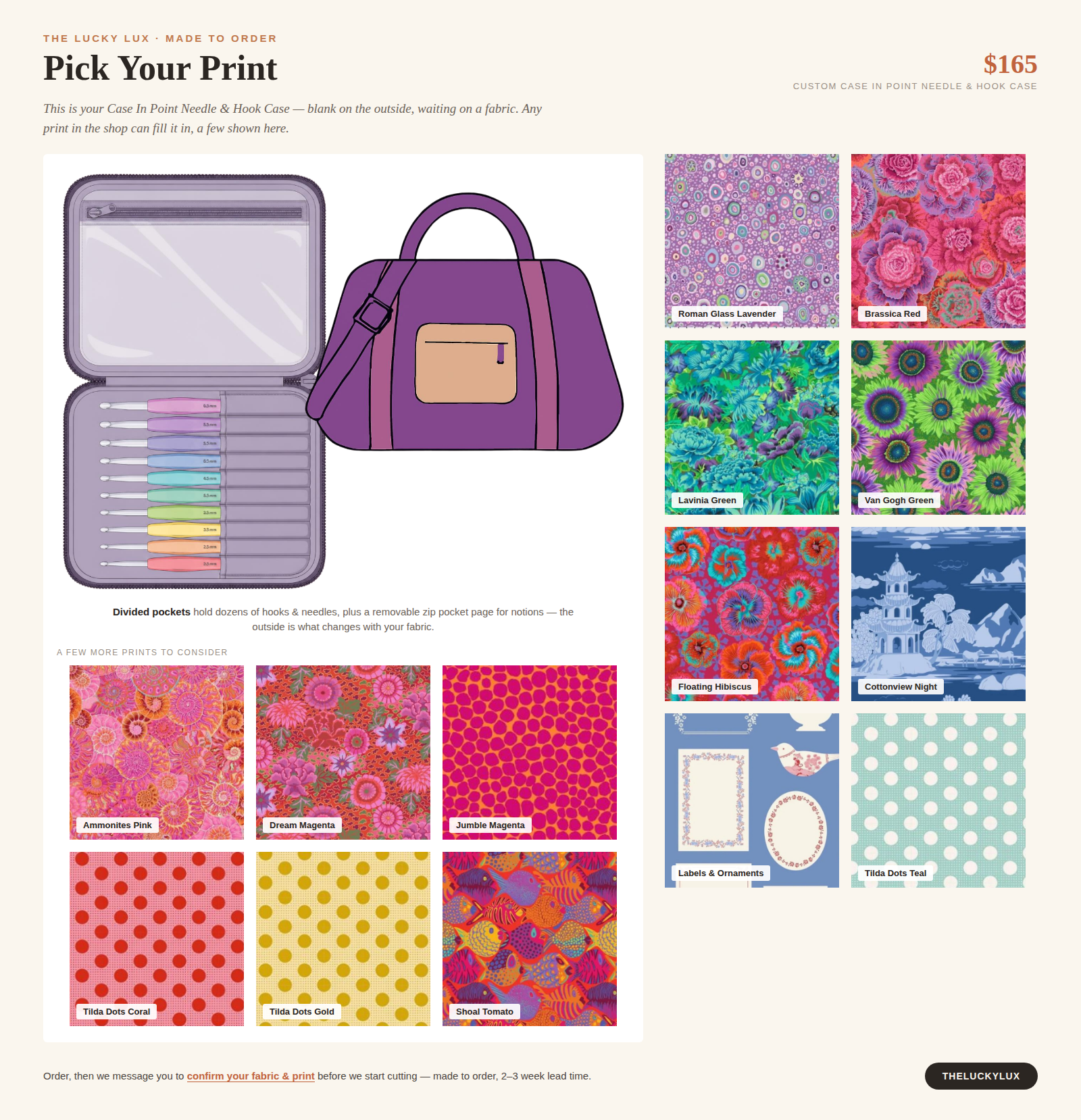 Pick Your Print — Custom Case In Point Needle and Hook Case shown open with divided hook slots and closed exterior, plus a grid of Tilda and Kaffe Fassett fabric swatch options
