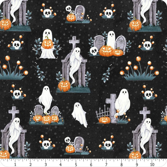 2024G-99 Ghost Graveyard Allover Ghosts Pumpkins and Skulls Glow in the Dark Fabric for Henry Glass