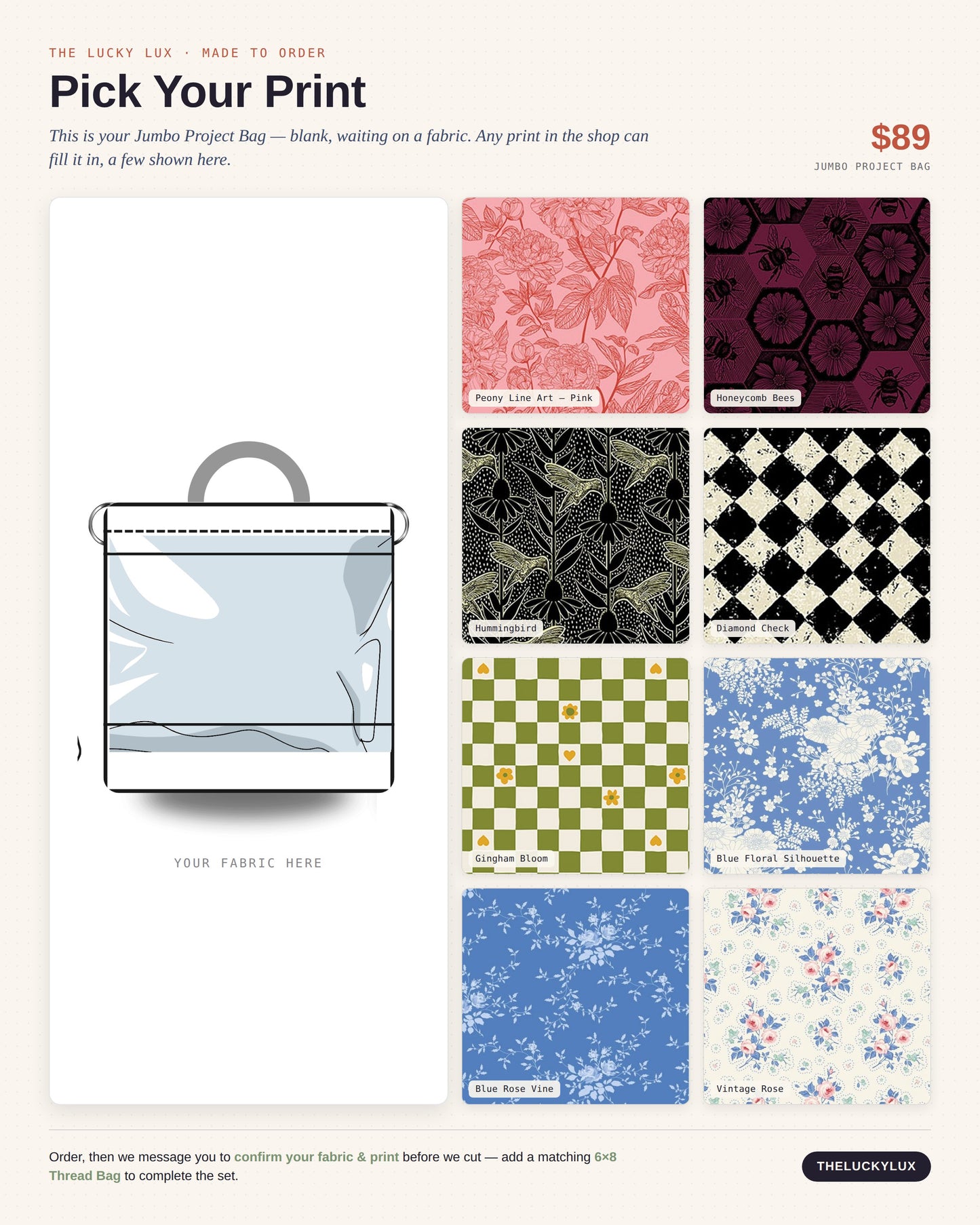 The Lucky Lux Jumbo Project Bag blank silhouette beside eight more fabric choices, including peony line art, honeycomb bees, hummingbird, diamond check, gingham bloom, and blue floral prints, for a custom made-to-order tote bag.