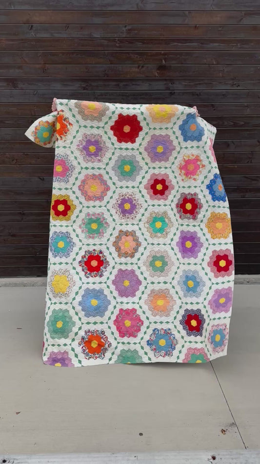 Hand Pieced Hexagon Flower Quilt Large White