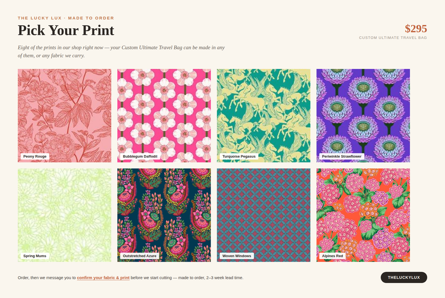 Eight fabric print options available for the Custom Ultimate Travel Bag