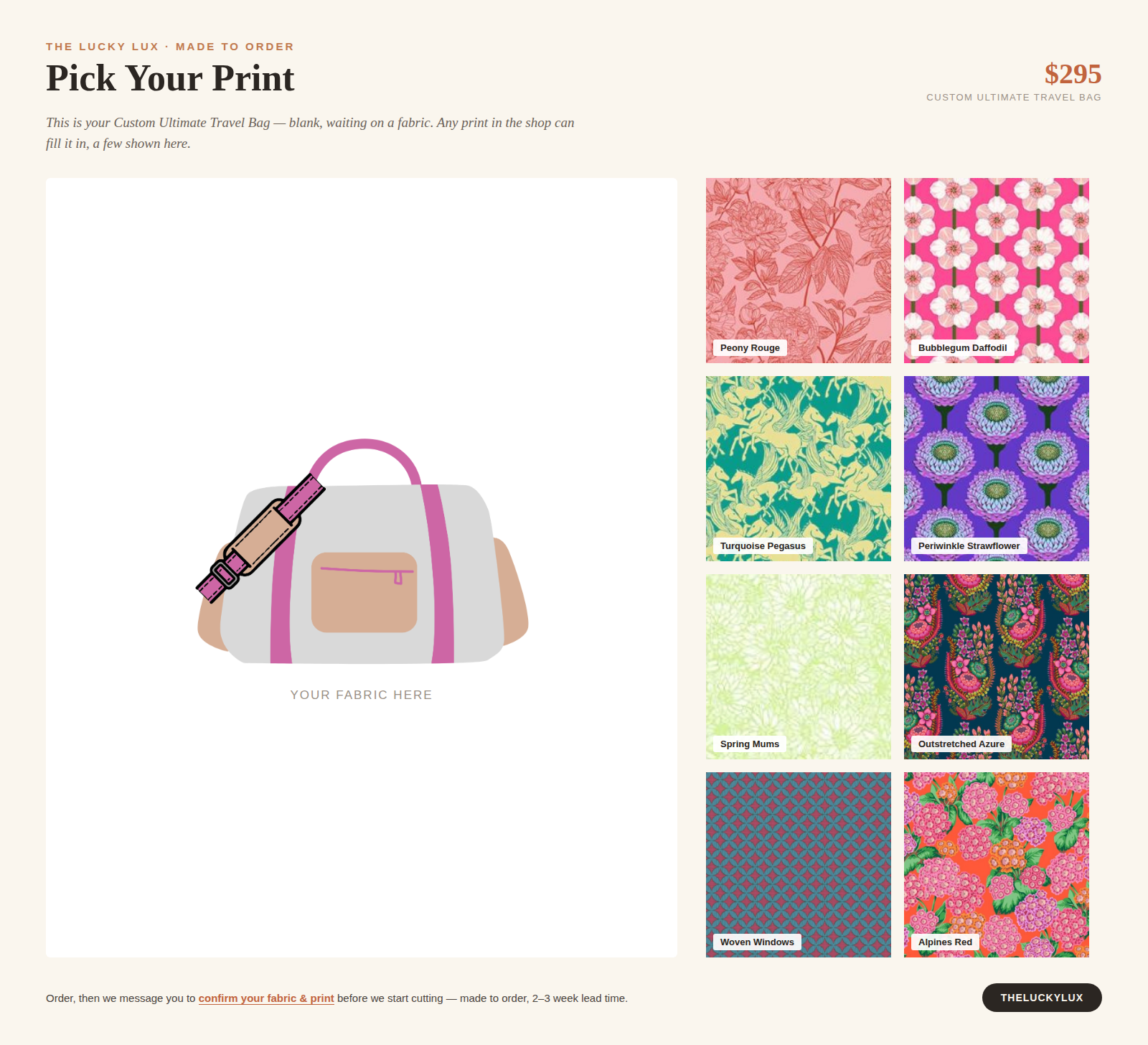 Pick Your Print — Custom Ultimate Travel Bag mockup shown blank next to a grid of fabric swatch options